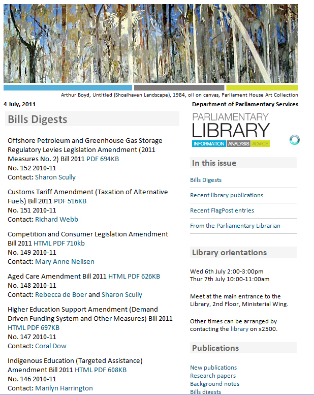 Whats new e-newsletter from the Parliamentary Library of the Australian Federal Parliament